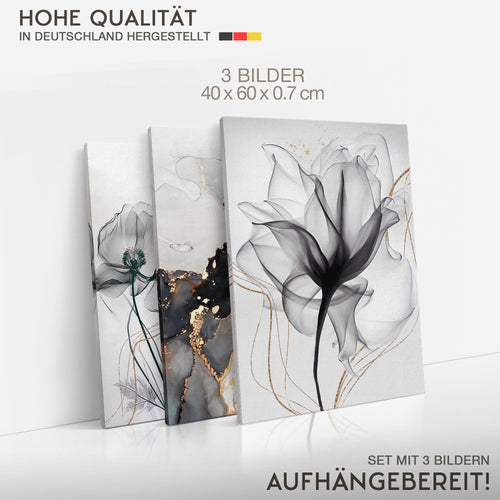 Novart Bilder Set Blumen Pflanzen - KEIN EXTRA RAHMEN BENÖTIGT - Wandbilder für Wohnzimmer Schlafzimmer Büro - 3 Teilig Deko Blumen - N032536b