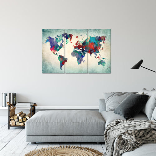 Runa Art Wandbilder Weltkarte Bild XXL Büro Wohnzimmer Bunt Grün Kontinente 120 x 80 cm 3 Teilig 105131b