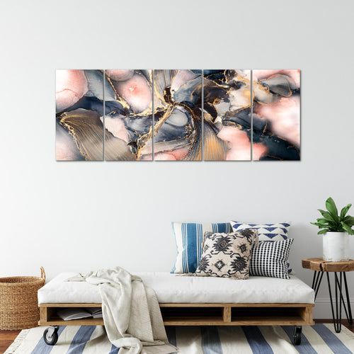 Runa Art Wandbild XXL Abstrakt Wohnzimmer Schlafzimmer 200 x 80 cm blau rosa Gold 5 Teilig - Made in Germany - 043855a