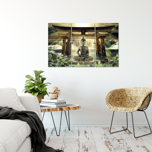 Runa Art Wandbilder Feng Shui Buddha Bild XXL Wohnzimmer Schlafzimmer Grün Braun Spa 120 x 80 cm 3 Teilig 036431a