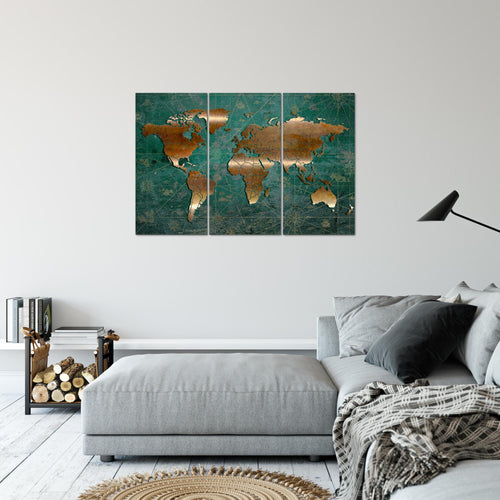 Runa Art Wandbilder Weltkarte Bild XXL Büro Wohnzimmer Grün Braun Antik 120 x 80 cm 3 Teilig 109031b