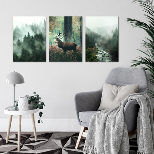 Novart Bilder Set Landschaft - KEIN EXTRA RAHMEN BENÖTIGT - Wandbilder für Wohnzimmer Schlafzimmer Büro - 3 Teilig Deko Waldlandschaft - N004636a
