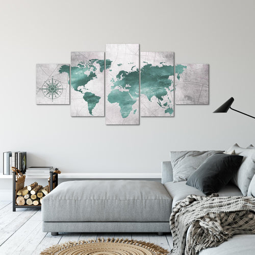 Runa Art - Bilder Weltkarte 200 x 100 cm 5 Teilig XXL Wanddekoration Design Grün Grau 026051c