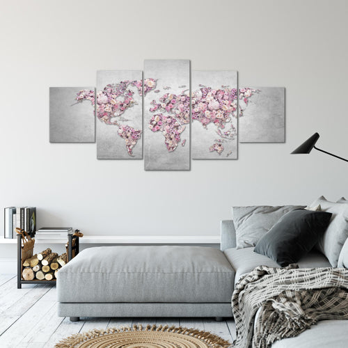Runa Art - Bilder Weltkarte Blumen 200 x 100 cm 5 Teilig XXL Wanddekoration Design Grau Rosa 023251a