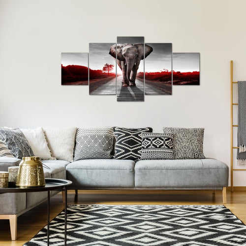 Runa Art - Bilder Afrika Elefant 200 x 100 cm 5 Teilig XXL Wanddekoration Design Rot Grau 042651b