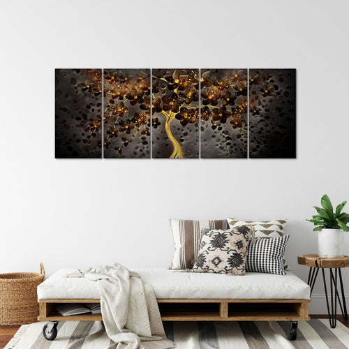 Runa Art Wandbild XXL Blumen Wohnzimmer Schlafzimmer 200 x 80 cm Schwarz Gold 5 Teilig - Made in Germany - 039755c
