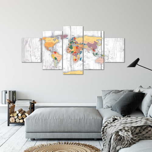 Runa Art - Bilder Weltkarte Holz 200 x 100 cm 5 Teilig XXL Wanddekoration Design Weiss 108751c