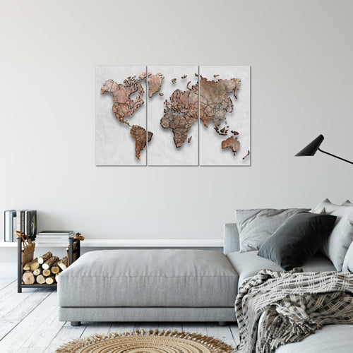 Runa Art Wandbilder Weltkarte 3D Effekt Bild XXL Büro Wohnzimmer Grau Braun Kontinente 120 x 80 cm 3 Teilig 107731c