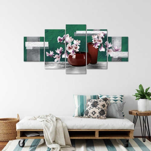 Runa Art - Bilder Blumen Abstrakt 200 x 100 cm 5 Teilig XXL Wanddekoration Design Türkis Grau 035251b