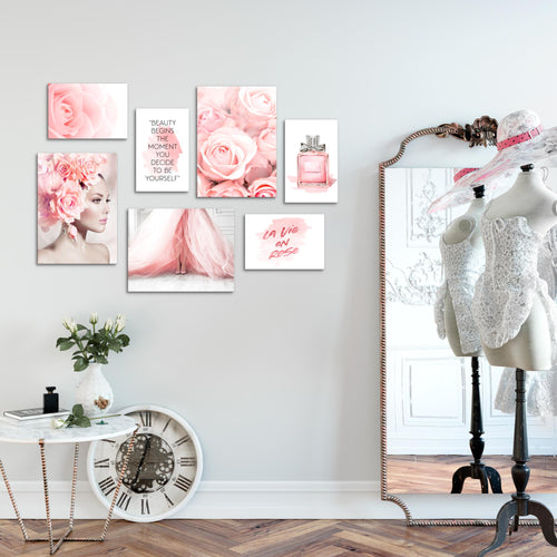 Novart Wandbilder Fashion - KOMPLETT AUFHÄNGFERTIG - Rosa Wohnzimmer Mädchen Teenager - 7 Moderne Mood-Bilder - N008571a