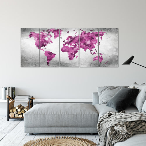 Runa Art Wandbild XXL Weltkarte Büro Wohnzimmer 200 x 80 cm Rosa Grau 5 Teilig - Made in Germany - 013355c
