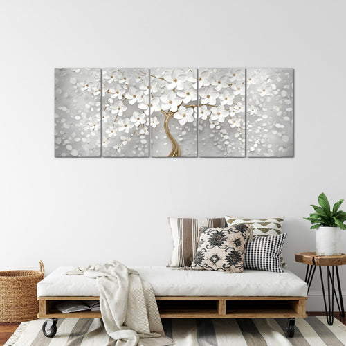 Runa Art Wandbild XXL Blumen Wohnzimmer Schlafzimmer 200 x 80 cm Weiss Gold 5 Teilig - Made in Germany - 039755a