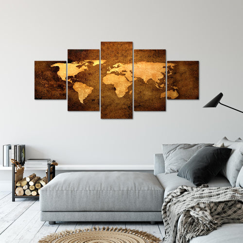 Runa Art - Bilder Weltkarte 200 x 100 cm 5 Teilig XXL Wanddekoration Design Gold 101751a