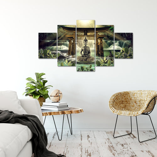 Runa Art Bild Wohnzimmer Schlafzimmer Feng Shui Buddha 5 Teilig Spa Grün Braun Wandbilder auf Vlies Leinwand 036453a