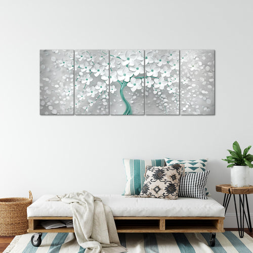 Runa Art Wandbild XXL Blumen Wohnzimmer Schlafzimmer 200 x 80 cm Weiss Türkis 5 Teilig - Made in Germany - 039755b