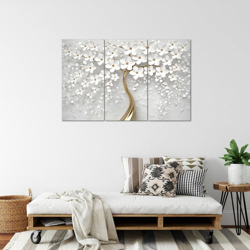 Runa Art Wandbilder Blumen Bild XXL Wohnzimmer Schlafzimmer Weiss Gold Abstrakt Baum 120 x 80 cm 3 Teilig 039731a