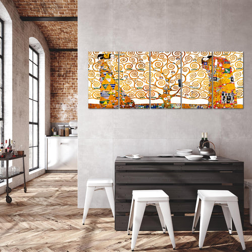 Runa Art Wandbild XXL Gustav Klimt Baum des Lebens Wohnzimmer 200 x 80 cm Gelb 5 Teilig - Made in Germany - 700055a