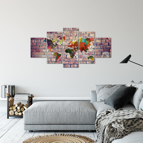 Runa Art Bild Büro Wohnzimmer Weltkarte 5 Teilig Ziegelwand Rot Bunt Wandbilder auf Vlies Leinwand 106953c