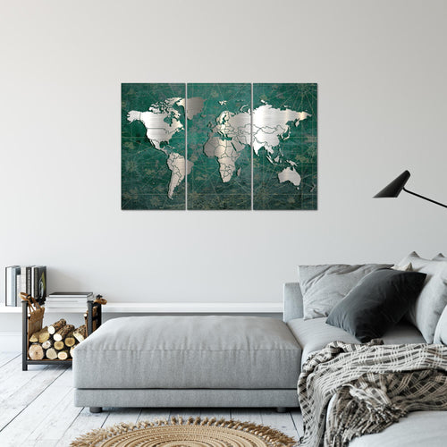 Runa Art Wandbilder Weltkarte Bild XXL Büro Wohnzimmer Grün Silber Vintage 120 x 80 cm 3 Teilig 109031c