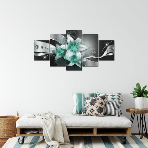 Runa Art Bild Wohnzimmer Schlafzimmer Blumen Lilien 5 Teilig Abstrakt Schwarz Türkis Wandbilder auf Vlies Leinwand 039653b