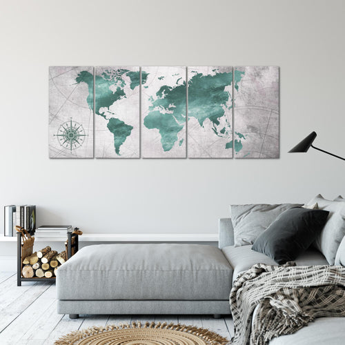 Runa Art Wandbild XXL Weltkarte Büro Wohnzimmer 200 x 80 cm Grün Grau 5 Teilig - Made in Germany - 026055c