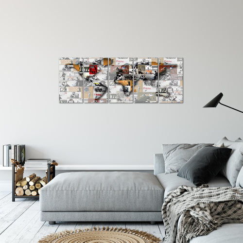 Runa Art Bild Weltkarte Banksy Collage Wandbilder auf Vlies Leinwand 5 Teilig Wanddekoration Loft Wohnzimmer 104556a