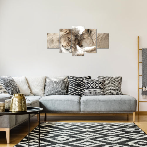 Runa Art Bild Wohnzimmer Schlafzimmer Löwen Liebe 5 Teilig Löwe und Löwin Beige Wandbilder auf Vlies Leinwand 002153b