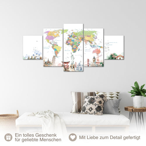 Runa Art - Bilder Weltkarte 200 x 100 cm 5 Teilig XXL Wanddekoration Design Weltkarte Blau 056051a