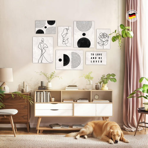 Novart Wandbilder Line Art - KOMPLETT AUFHÄNGFERTIG - Boho grau Wohnzimmer Schlafzimmer - 7 Moderne Mood-Bilder - N028271a