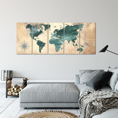 Runa Art Wandbild XXL Weltkarte Büro Wohnzimmer 200 x 80 cm Grün braun 5 Teilig - Made in Germany - 026055a