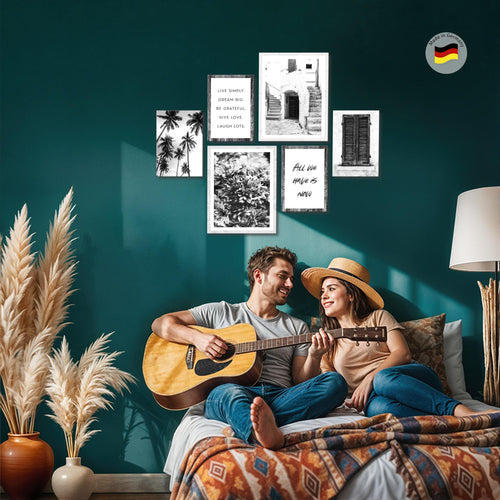 Novart Wandbilder Set Alte Stadt Palmen Schwarz Weiss - KEIN EXTRA RAHMEN BENÖTIGT -  Modern Deko  - Wohnzimmer Schlafzimmer N015063a
