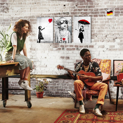 Novart Bilder Set Street Art - KEIN EXTRA RAHMEN BENÖTIGT - Wandbilder für Wohnzimmer Schlafzimmer Büro - 3 Teilig Deko Ballon - N003136a