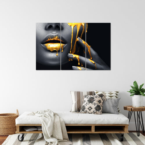 Runa Art Wandbilder Lippen Gold Schwarz Bild XXL Wohnzimmer Schlafzimmer Frau Kosmetik Fashion 120 x 80 cm 3 Teilig 041531a