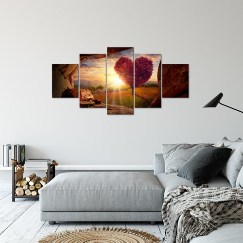 Runa Art Bild Wohnzimmer Schlafzimmer Natur Gebirge 5 Teilig Baum Herz Beige Rosa Wandbilder auf Vlies Leinwand 607653c