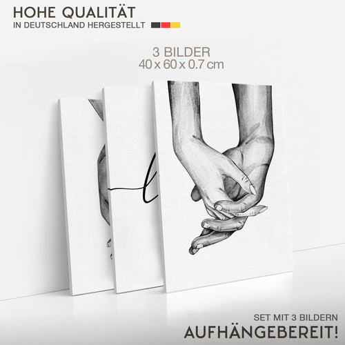 Novart Bilder Set Love - KEIN EXTRA RAHMEN BENÖTIGT - Wandbilder für Wohnzimmer Schlafzimmer Büro - 3 Teilig Deko Hände - N037336a