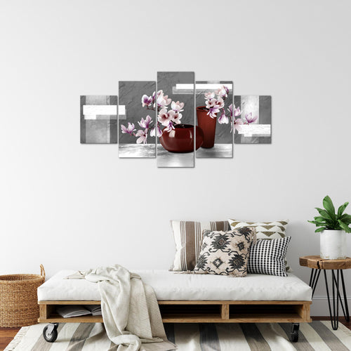 Runa Art Bild Wohnzimmer Schlafzimmer Blumen Abstrakt 5 Teilig Blumenvase Grau Rosa Wandbilder auf Vlies Leinwand 035253c