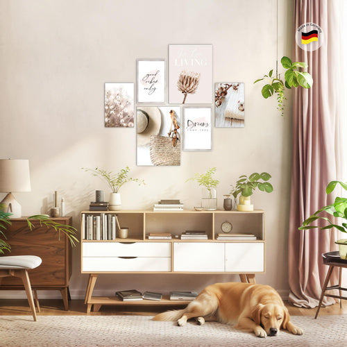 Novart Wandbilder Set Boho Pampasgras Beige Rosa - KEIN EXTRA RAHMEN BENÖTIGT -  Modern Deko  - Wohnzimmer Schlafzimmer N006663a