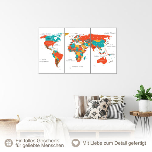 Runa Art Wandbilder Weltkarte Bild XXL Wohnzimmer Schlafzimmer Büro Weltkarte Türkis Orange 40 x 80 cm - 3 Bilder 3 Teilig 057231a