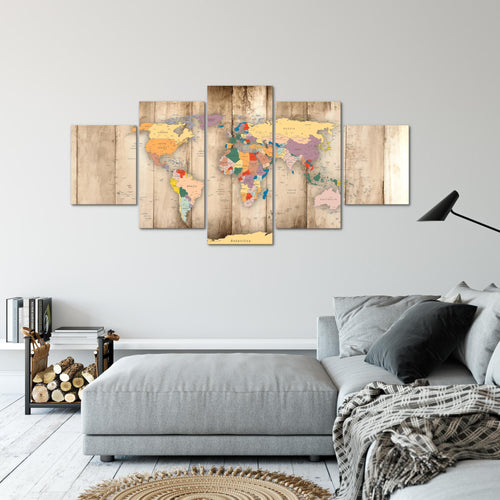 Runa Art - Bilder Weltkarte Holz 200 x 100 cm 5 Teilig XXL Wanddekoration Design Biege 108751a
