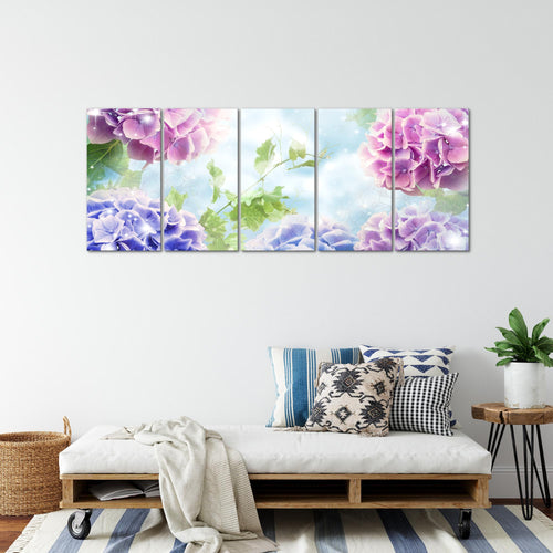 Runa Art Wandbild XXL Blumen Hortensien Wohnzimmer Schlafzimmer 200 x 80 cm Blau 5 Teilig - Made in Germany - 017455a