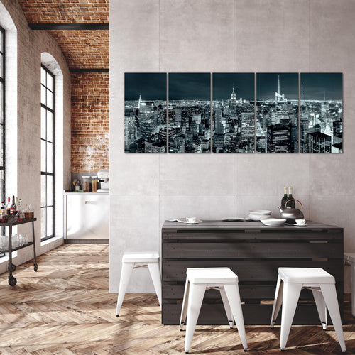 Runa Art Wandbild XXL New York Skyline Wohnzimmer Büro 200 x 80 cm Türkis Blau 5 Teilig - Made in Germany - 036255b