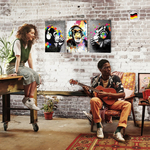 Novart Bilder Set Street Art - KEIN EXTRA RAHMEN BENÖTIGT - Wandbilder für Wohnzimmer Schlafzimmer Büro - 3 Teilig Deko Affe - N034536a