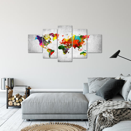 Runa Art Bild Büro Wohnzimmer Weltkarte 5 Teilig Landkarte Beton Bunt Wandbilder auf Vlies Leinwand 105153c