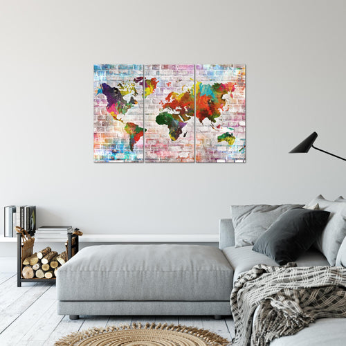 Runa Art Wandbilder Weltkarte Bild XXL Büro Wohnzimmer Bunt Steinoptik Ziegel 120 x 80 cm 3 Teilig 106931a