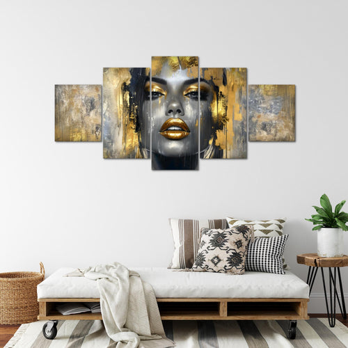 Runa Art - Bilder Abstrakt 200 x 100 cm 5 Teilig XXL Wanddekoration Design Gesicht Gold 052851a