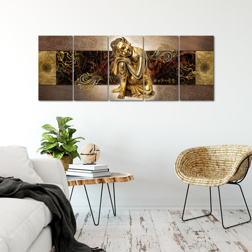 Runa Art Wandbild XXL Buddha Zen Wohnzimmer Schlafzimmer 200 x 80 cm Gold 5 Teilig - Made in Germany - 041355a