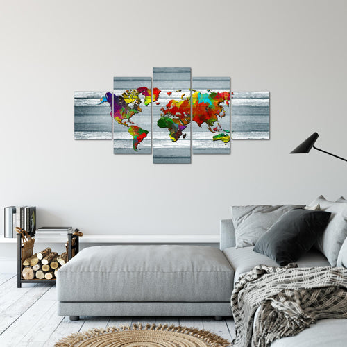 Runa Art Bild Büro Wohnzimmer Weltkarte 5 Teilig Kontinente Holz Bunt Wandbilder auf Vlies Leinwand 105453c