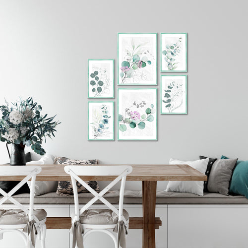 Novart Wandbilder Set Eukalyptus Pflanze Grüne Blätter  - KEIN EXTRA RAHMEN BENÖTIGT -  Modern Deko  - Wohnzimmer Schlafzimmer N003863a