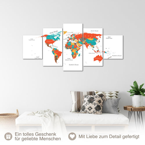 Runa Art - Bilder Weltkarte 200L x 100B cm 5 Teilig XXL Wanddekoration Design Weltkarte Türkis Orange 057251a