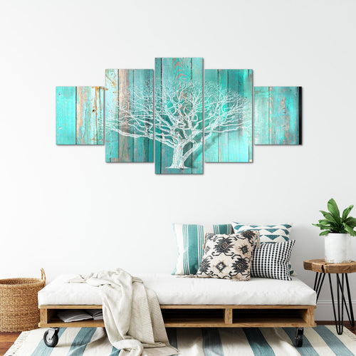 Runa Art - Bilder Baum Abstrakt 200 x 100 cm 5 Teilig XXL Wanddekoration Design Türkis Grau 039951c